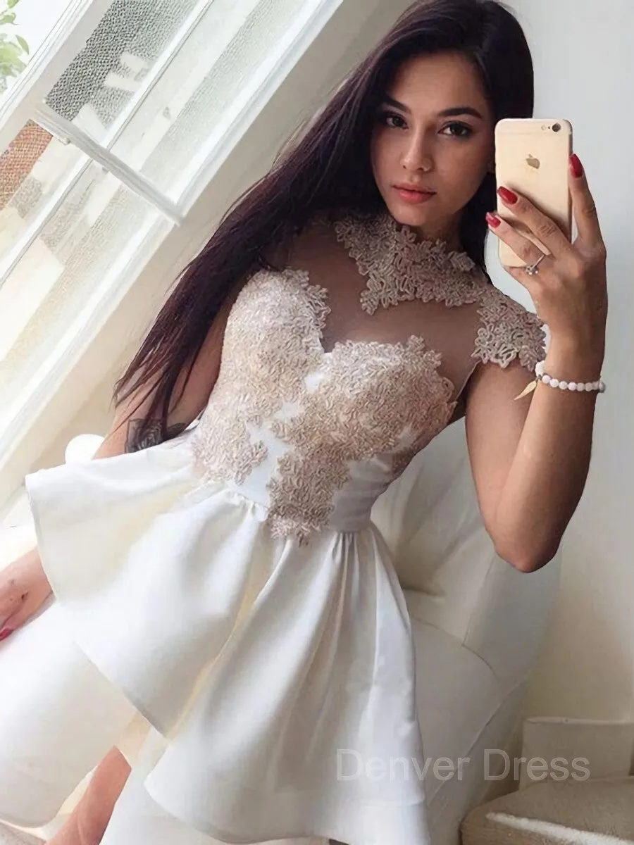 A-Line High Neck Short Satin Homecoming Dresses