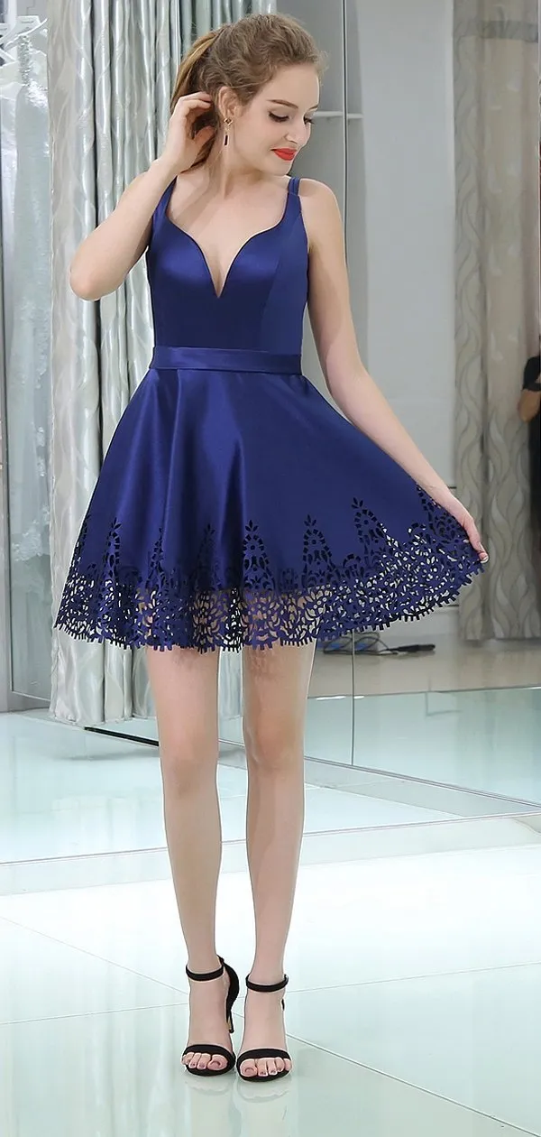 A-line Off-Shoulder Blue Satin Cheap Homecoming Dresses, Short Prom Dress LMX1163