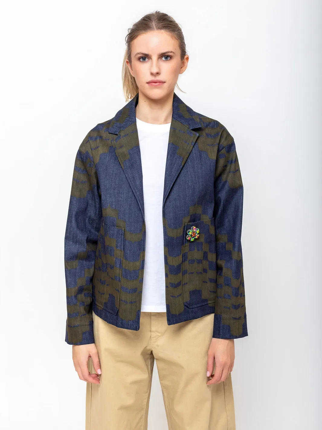 Abstract Printed Denim Jacket - Dark Moss