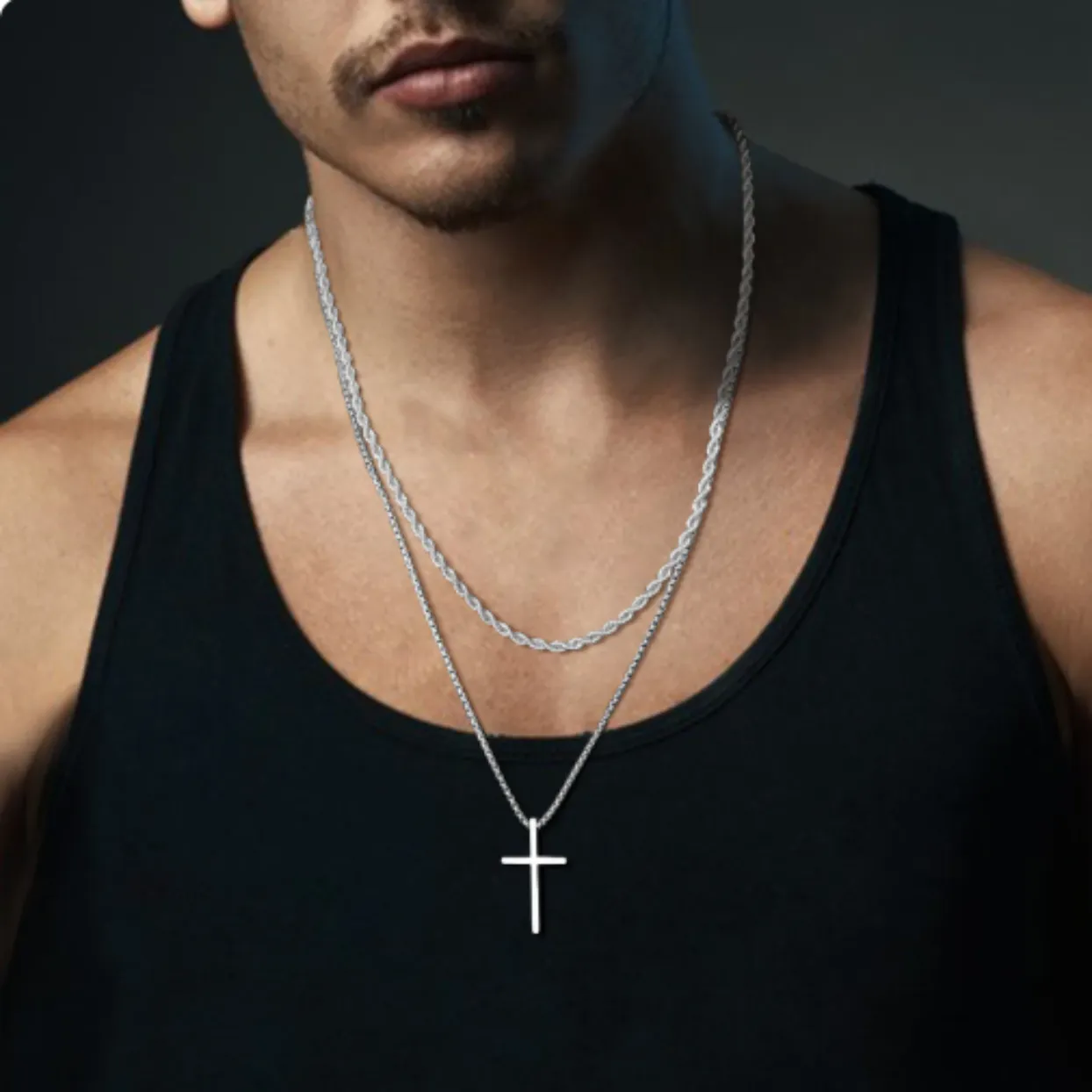 COMPASSION 2 - SILVER WATERPROOF MEN'S DOUBLE CHAIN NECKLACE