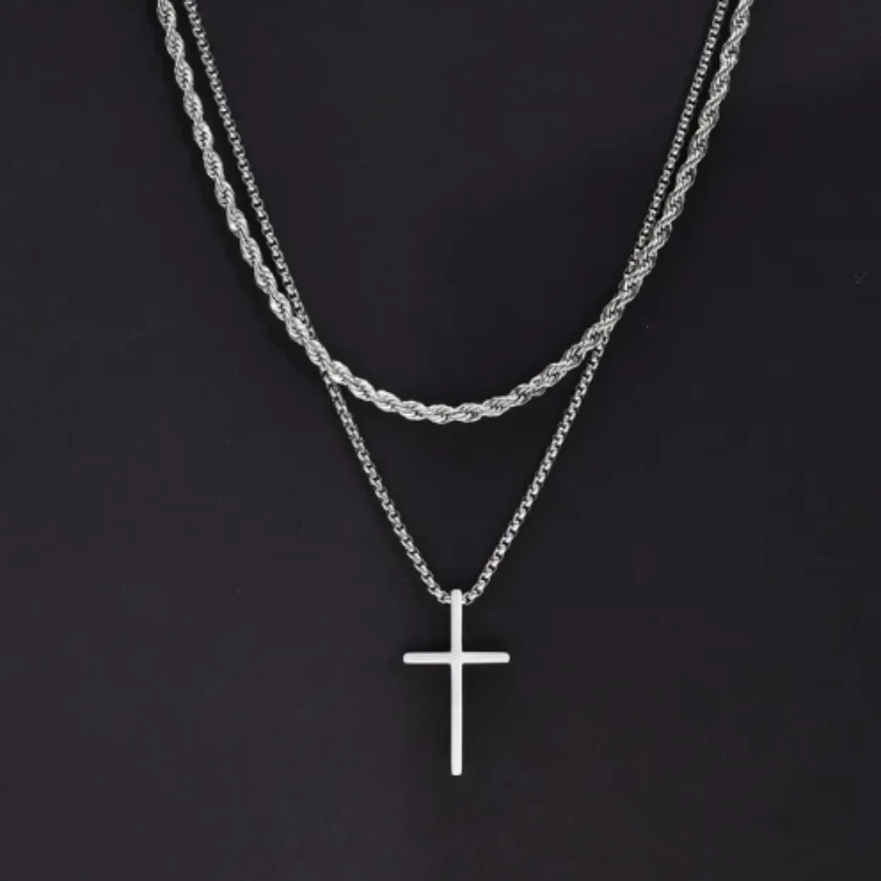 COMPASSION 2 - SILVER WATERPROOF MEN'S DOUBLE CHAIN NECKLACE