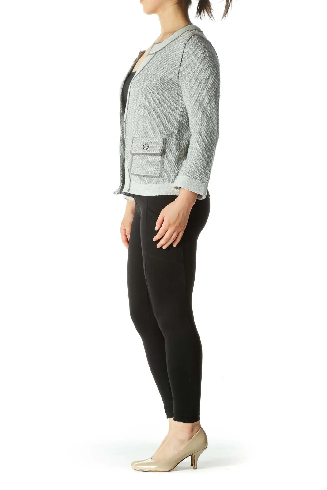 Gray Metallic Pocketed Tweed Cardigan