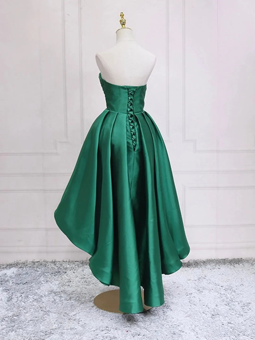 Green Satin High Low Party Dresses Strapless Green Homecoming Dresses