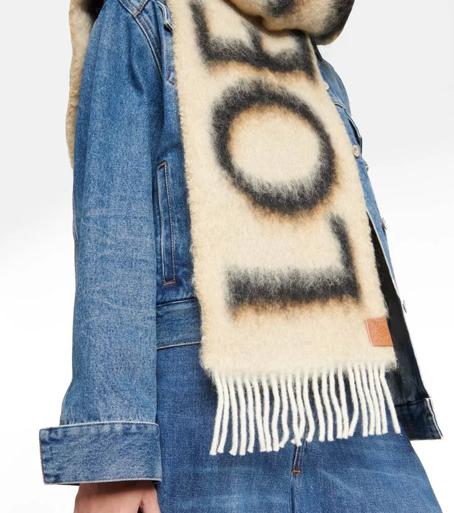 Loewe wool blend jacquard scarf with logo, beige