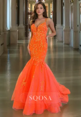 Off-Shoulder Sleeveless Glitter Lace Applique Party Gowns Spaghetti Straps Tulle Mermaid Prom Dress