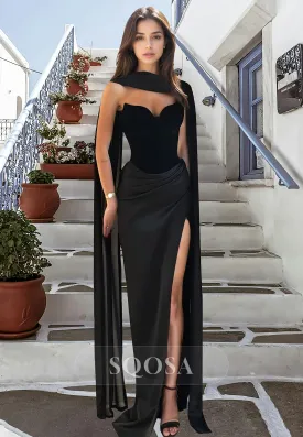 Off-Shoulder Sleeveless Pleated Evening Gowns Sweetheart Floor-Length High Slit Fitted Prom Dress