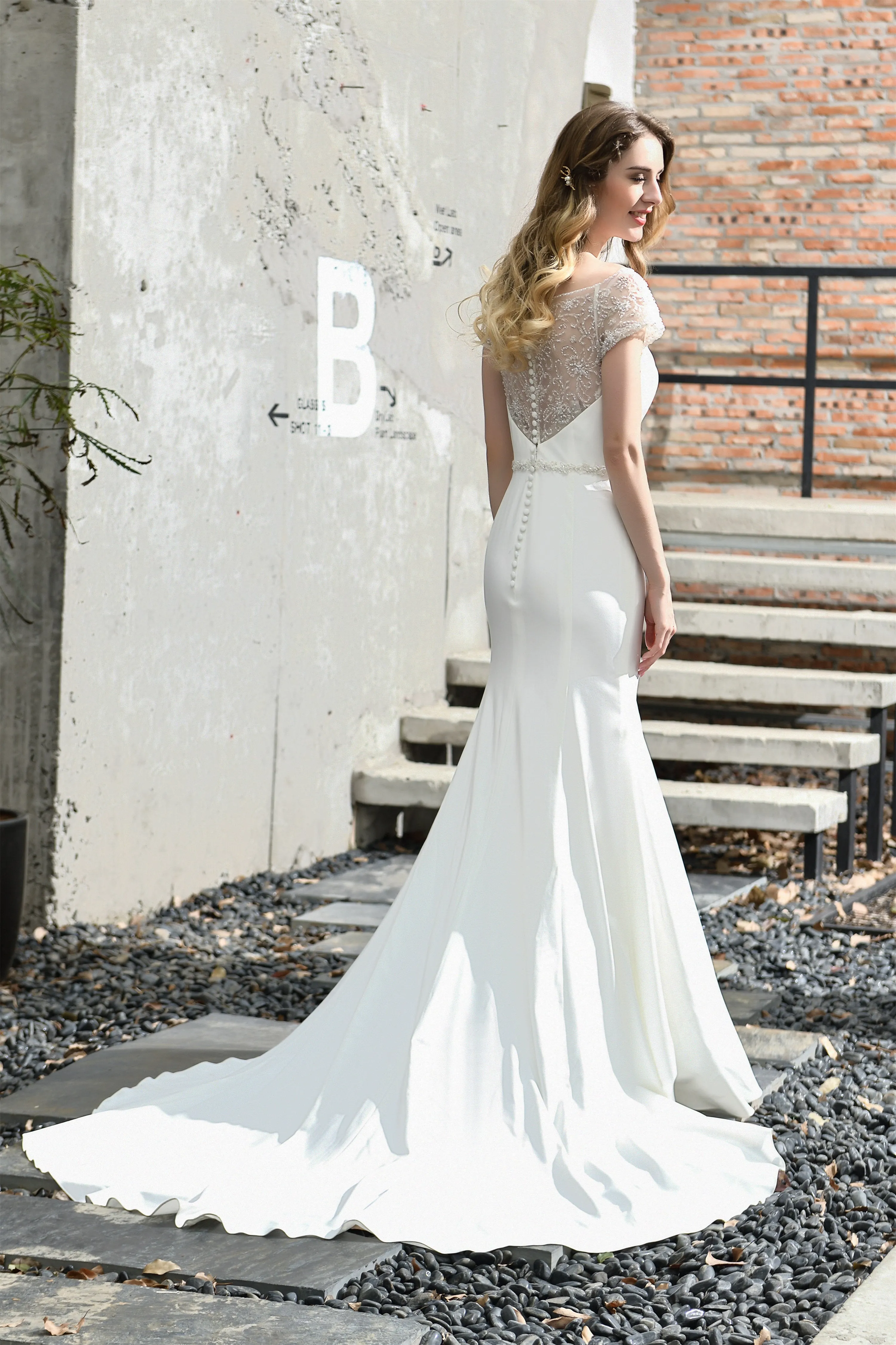 Satin Beaded Boat Neck Cap Sleeve Mermaid Wedding Dresses