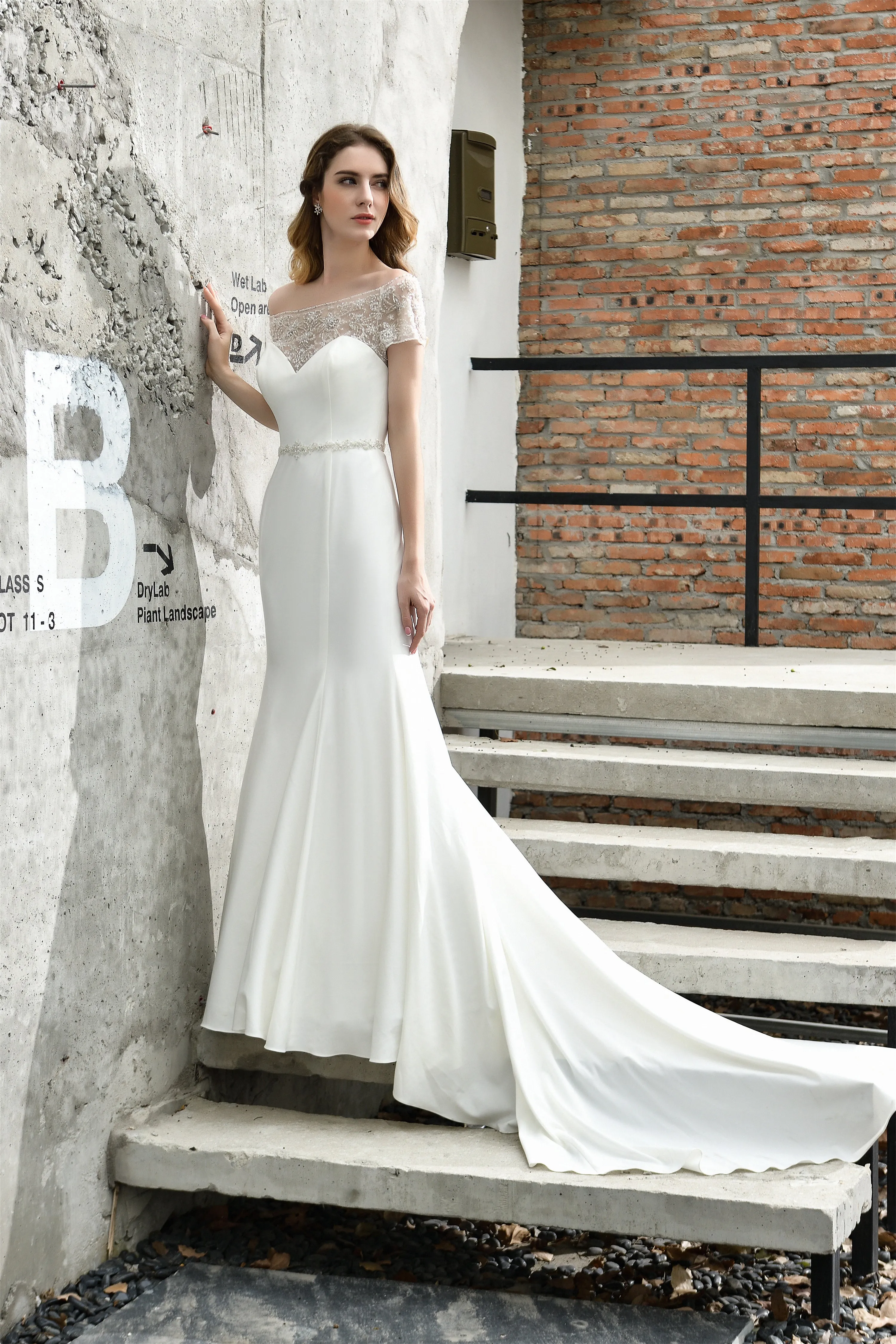 Satin Beaded Boat Neck Cap Sleeve Mermaid Wedding Dresses
