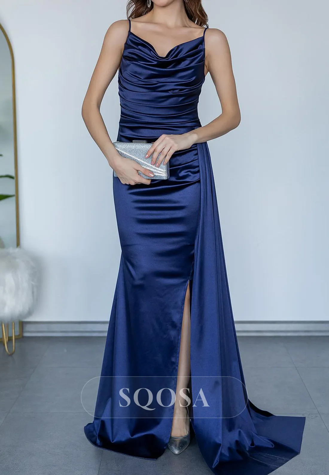 Satin Trumpet Spaghetti Straps Ruched With Side Slit Party Prom Evening Dress QP3565