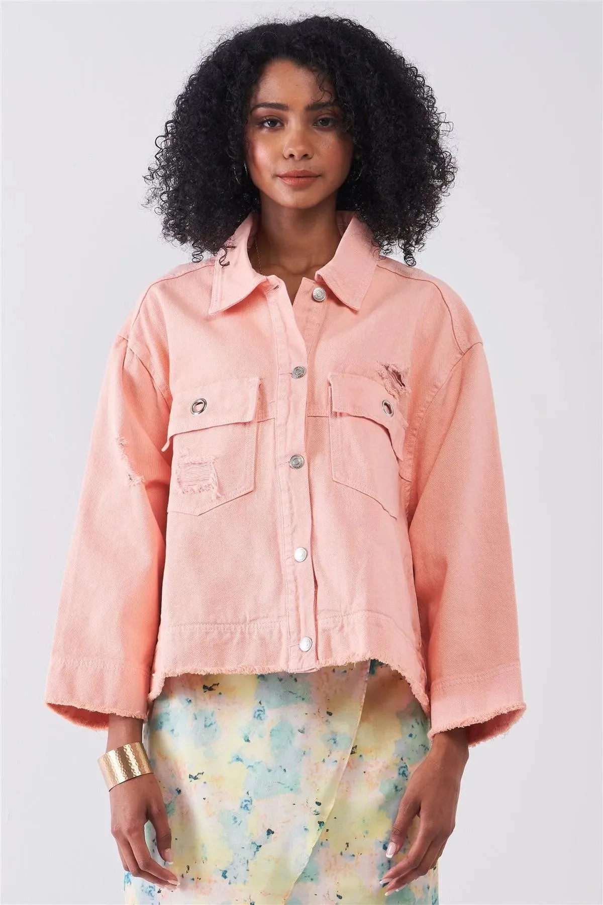 Washed Peach Distressed Button-Down Front Raw Hem Detail Wide Sleeve Oversized Denim Jacket /4-2