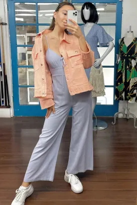 Washed Peach Distressed Button-Down Front Raw Hem Detail Wide Sleeve Oversized Denim Jacket /4-2