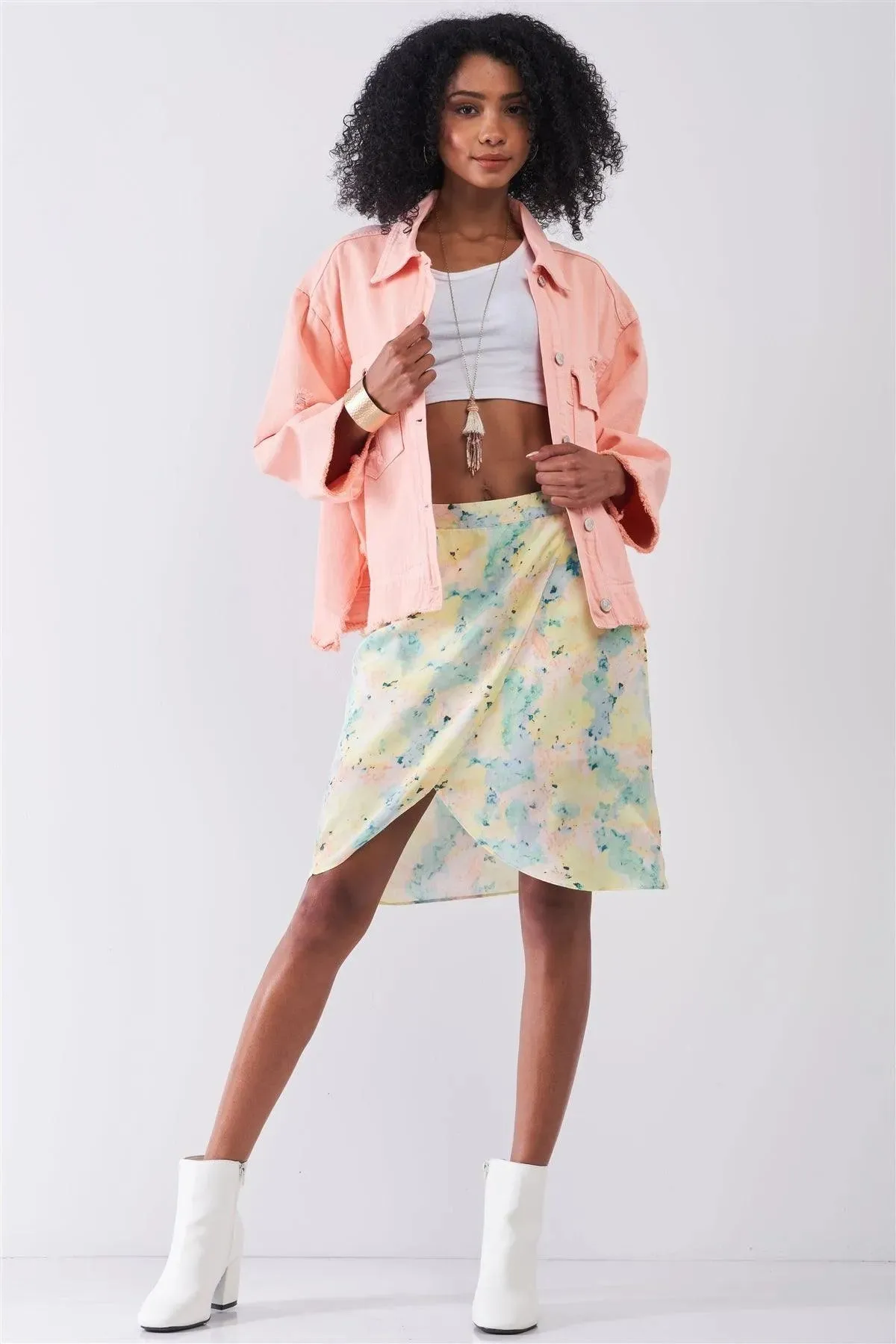 Washed Peach Distressed Button-Down Front Raw Hem Detail Wide Sleeve Oversized Denim Jacket /4-2