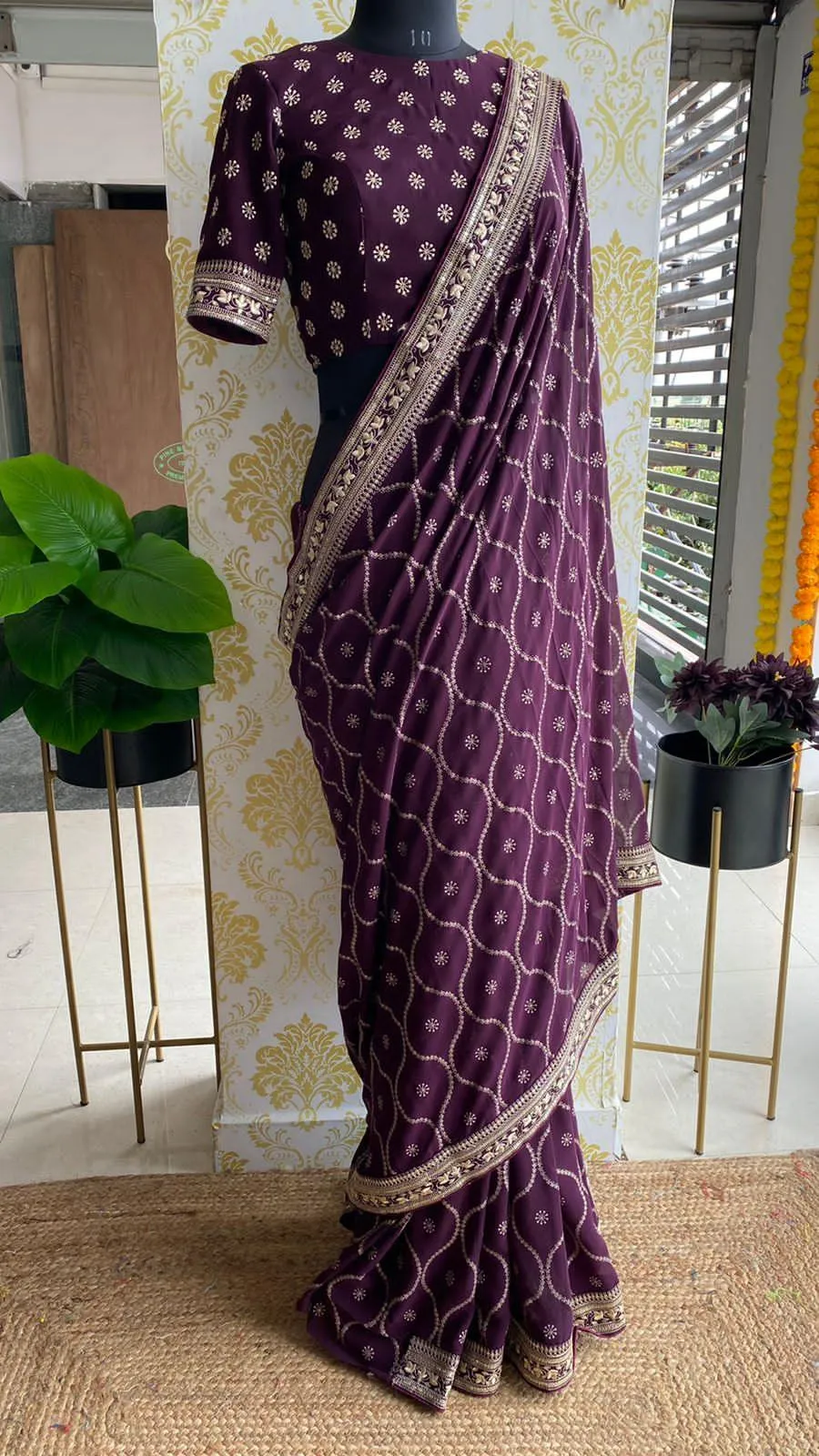 Wine georgette saree with embroidery worked Blouse