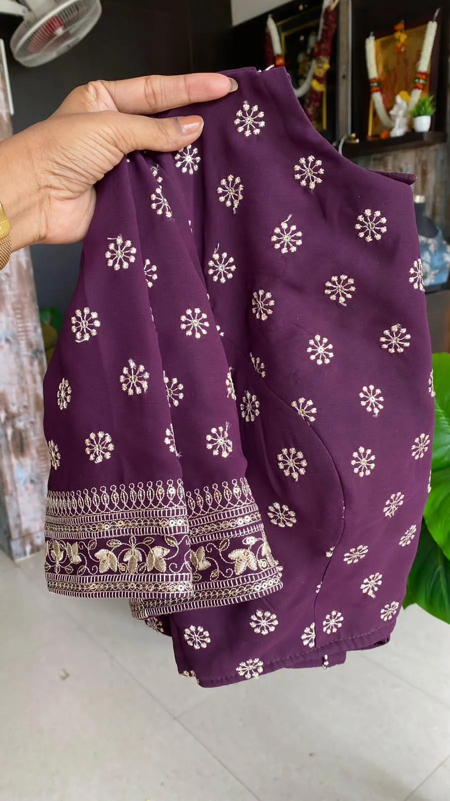 Wine georgette saree with embroidery worked Blouse
